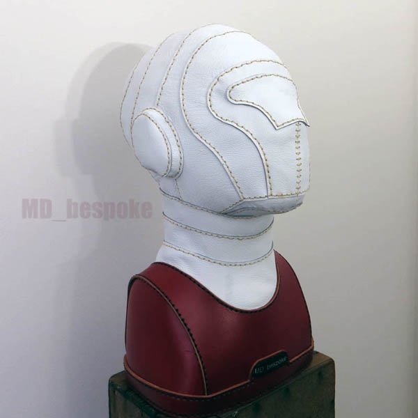 White and red leather mannequin head stand